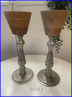 2 x Large Vintage Silver Metal Solid Wood Chalice Candle Holders Pair Bauhaus