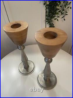 2 x Large Vintage Silver Metal Solid Wood Chalice Candle Holders Pair Bauhaus