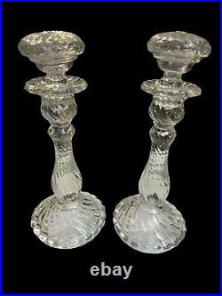 2 x Vintage Bambous Swirl Moulded Crystal Glass Candlesticks No Signatures Lids