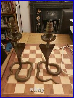 2 x Vintage Brass Cobra Snake Table Desk Lamps 30cm Converted Candlestick Holder