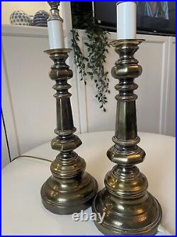 2 x Vintage Large Brass Candle Stick Lamps Country House Vibe 22 Tall MCM