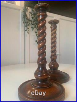 2 x Vintage Oak Barley Twist Tall Candle Sticks 13 Art Nouveau Brass Collar 11