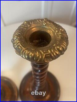 2 x Vintage Oak Barley Twist Tall Candle Sticks 13 Art Nouveau Brass Collar 11
