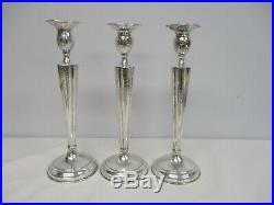 3 VINTAGE LIEBS STERLING SILVER WEIGHTED 10 CANDLESTICKS with ETCHED LEAF
