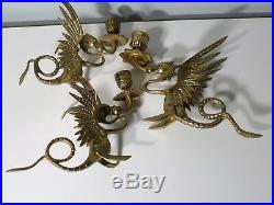 3 Vintage Brass Griffin Candlesticks Winged Dragon Candle Holders Mythical