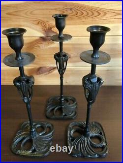 3 Vintage Georges de Feure Styled Art Nouveau Candle Holders Metal Candlesticks