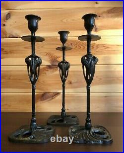 3 Vintage Georges de Feure Styled Art Nouveau Candle Holders Metal Candlesticks