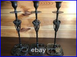 3 Vintage Georges de Feure Styled Art Nouveau Candle Holders Metal Candlesticks