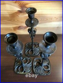 3 Vintage Georges de Feure Styled Art Nouveau Candle Holders Metal Candlesticks