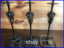 3 Vintage Georges de Feure Styled Art Nouveau Candle Holders Metal Candlesticks