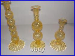 3 Vintage VENETIAN MURANO Warm Amber Optic Swirl & Ball CANDLESTICK HOLDERS