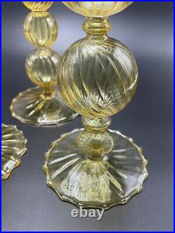 3 Vintage VENETIAN MURANO Warm Amber Optic Swirl & Ball CANDLESTICK HOLDERS