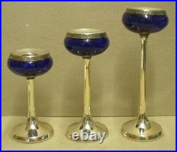 3 x Vintage Graduated Cobalt Blue Glass Candle Sticks With Plated Mounts (BGB)