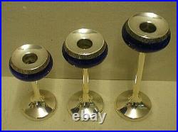 3 x Vintage Graduated Cobalt Blue Glass Candle Sticks With Plated Mounts (BGB)