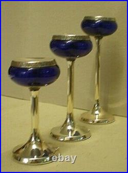 3 x Vintage Graduated Cobalt Blue Glass Candle Sticks With Plated Mounts (BGB)