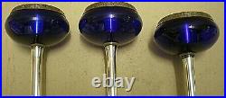 3 x Vintage Graduated Cobalt Blue Glass Candle Sticks With Plated Mounts (BGB)