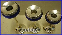 3 x Vintage Graduated Cobalt Blue Glass Candle Sticks With Plated Mounts (BGB)