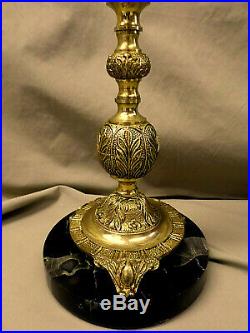 3302M Vtg Pair 2 Matching 30 Candlestick Lamps ORNATE Gold withBlack Marble Bases