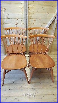 4 Vintage Ercol Blonde Chiltern Candlestick Dining Chairs Shaped Seat Model 376