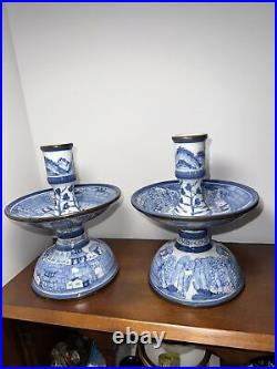 8.5 Vintage Chinese Pair Blue White Porcelain Flower Candle Holder Candlestick