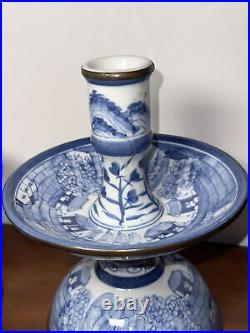 8.5 Vintage Chinese Pair Blue White Porcelain Flower Candle Holder Candlestick