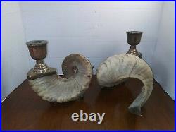 A Beautiful Pair of Vintage Ram Horns Antler Rustic Brass Candlestick Holders