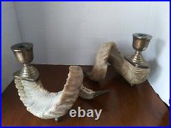 A Beautiful Pair of Vintage Ram Horns Antler Rustic Brass Candlestick Holders