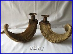 A Beautiful Pair of Vintage Ram Horns Antler. Rustic Candlestick Holder Brass