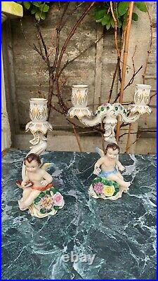 A Fantastic Vintage Pair Of Decorative Dresden Cherub Candlesticks (C3)