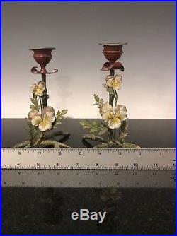 A Pair Of Vintage Cold Painted Floral Decorated Candlesticks