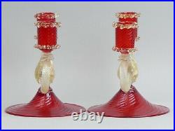A Pair Of Vintage Italian Salviati Venetian Glass Candlesticks