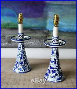 A Pair Vintage Hand Painted Blue & White Candlestick Brass Hall Side Table Lamps