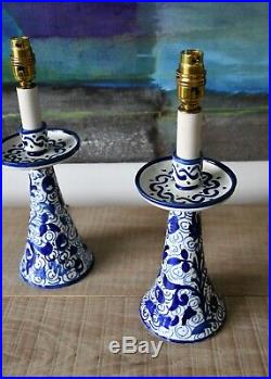 A Pair Vintage Hand Painted Blue & White Candlestick Brass Hall Side Table Lamps
