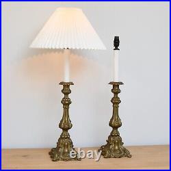 A Pair of Vintage French Rococo Candlestick Gilt Brass Side Hall Table Lamps