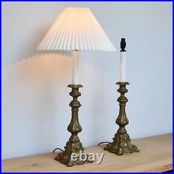 A Pair of Vintage French Rococo Candlestick Gilt Brass Side Hall Table Lamps