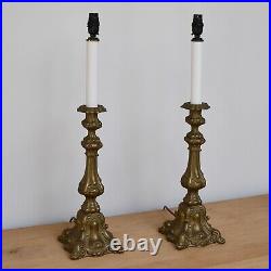 A Pair of Vintage French Rococo Candlestick Gilt Brass Side Hall Table Lamps