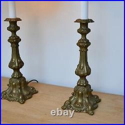 A Pair of Vintage French Rococo Candlestick Gilt Brass Side Hall Table Lamps