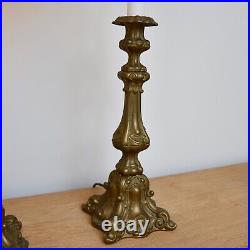 A Pair of Vintage French Rococo Candlestick Gilt Brass Side Hall Table Lamps