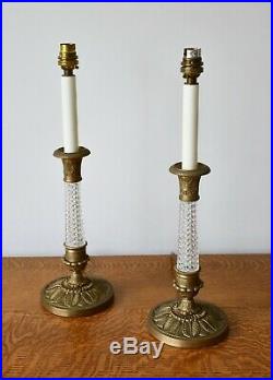 A Pair of Vintage Glass Brass Candlestick Column Hall Bed Side Table Lamps