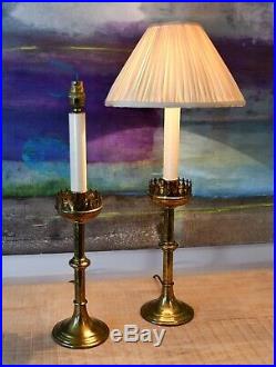 A Pair of Vintage Gothic Altar Column Candlestick Brass Hall Side Table Lamps