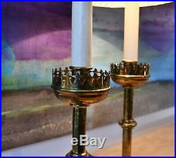 A Pair of Vintage Gothic Altar Column Candlestick Brass Hall Side Table Lamps