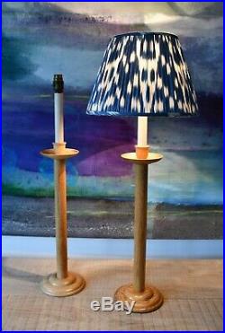 A Pair of Vintage Oak Candlestick Column Brass Hall Bed Side Table Lamps