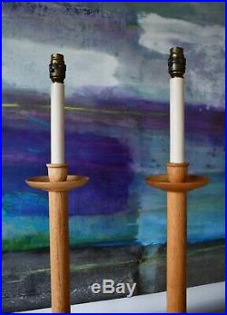 A Pair of Vintage Oak Candlestick Column Brass Hall Bed Side Table Lamps