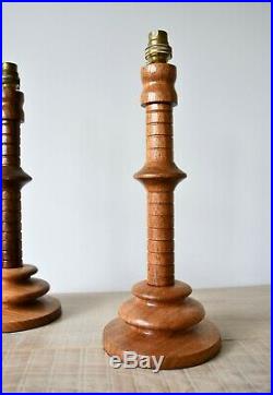 A Pair of Vintage Turned Wood Candlestick Column Hall Bed Side Table Lamps