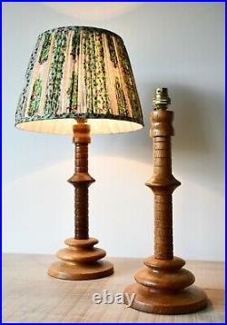 A Pair of Vintage Turned Wood Candlestick Column Hall Bed Side Table Lamps