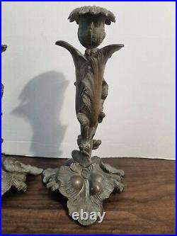 A pair of Vintage French Bronze Rococo Style Acanthus Leaf Candlesticks 24 cm