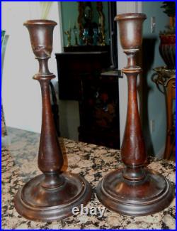 Antiq TREEN Ware Wooden Candle Sticks 11-3/8 Tall American Colonial