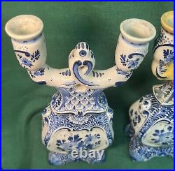 Antique Blue and White Dutch Delft Ceramic Candlesticks