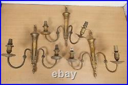 Antique Brass Wall Sconce x3 Vintage Lantern Flame Double Candlestick Ornate