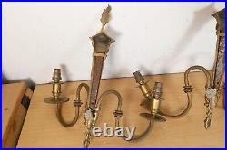 Antique Brass Wall Sconce x3 Vintage Lantern Flame Double Candlestick Ornate